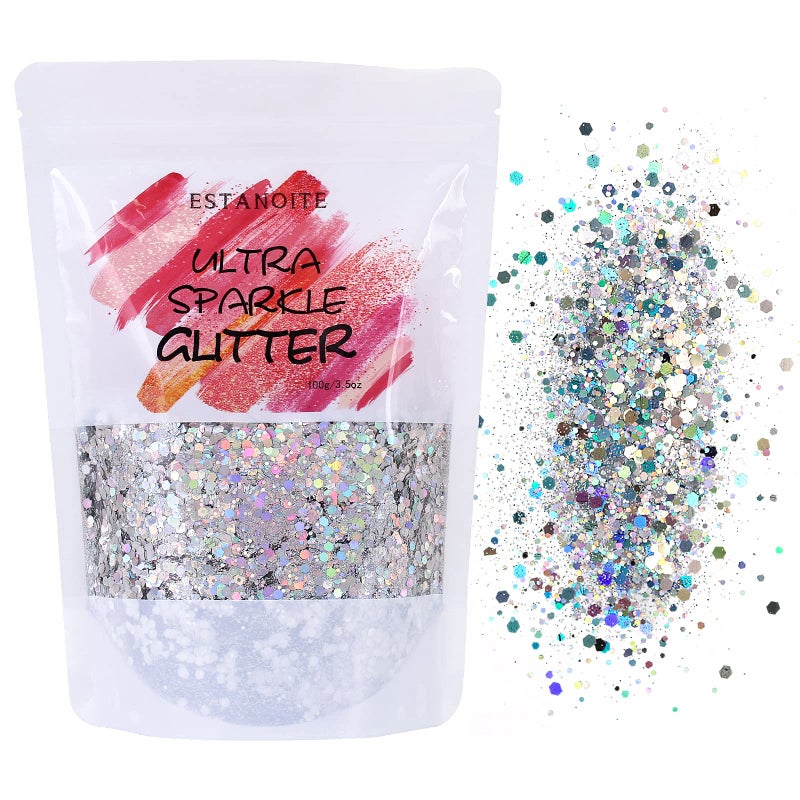 Estanoite 100g Holographic Glitter  Cosmetic Mixed Hexagon Chunky & Fine Craft Glitter Resin Sequins for Epoxy  Resin Art  Body  Hair  Face  Nail  Slime  Tumblers (Silver) - Image 1